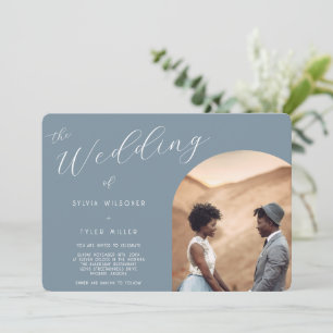 Minimalist Typography Dusty Blue Photo Wedding Invitation