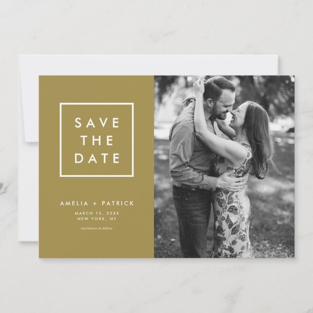 Minimalist Typography Gold Photo Save The Date (Front)