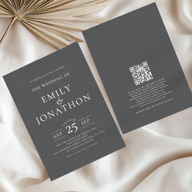 Minimalist Typography QR Code Wedding Grey Invitation (Front and back view)