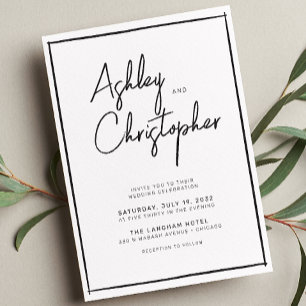 Minimalist Typography Script Black & White Wedding Invitation