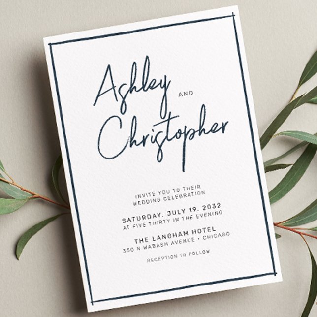 Minimalist Typography Script Indigo Blue Wedding Invitation (Creator Uploaded)