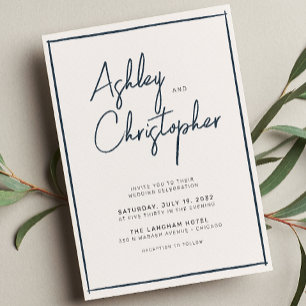 Minimalist Typography Script Indigo Blue Wedding Invitation