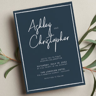 Minimalist Typography Script Indigo Blue Wedding Invitation