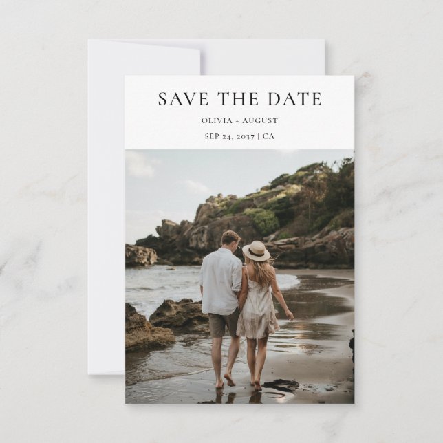 Minimalist Typography Style |  Beach Photo Wedding Save The Date (Front)