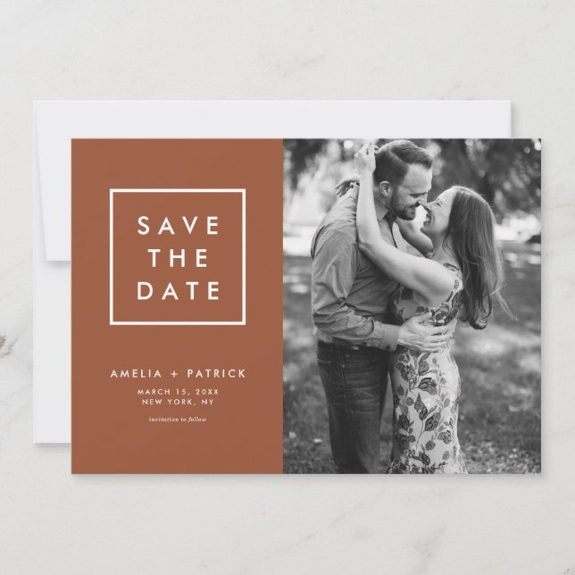 Minimalist Typography Terracotta Photo Save The Date (Front)
