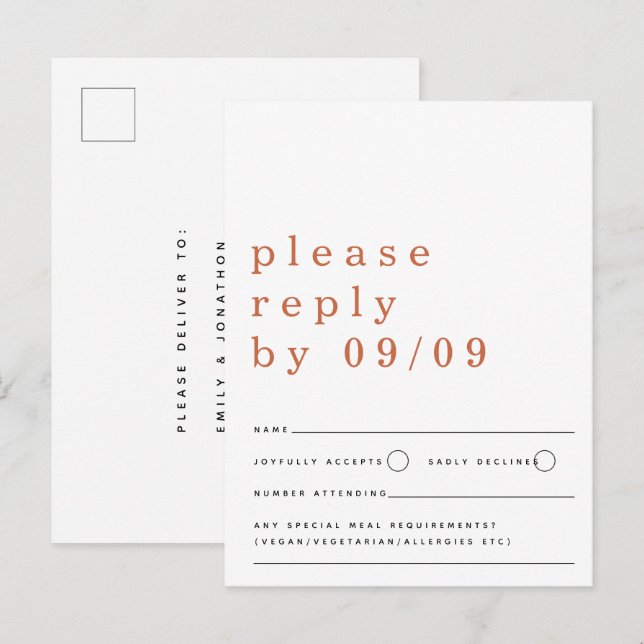 Minimalist Typography Terracotta Wedding RSVP Postcard (Front/Back)