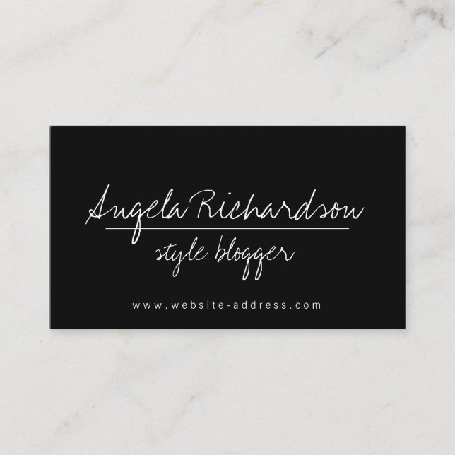 Minimalist Unique Handwritten Blogger Black Business Card (Front)