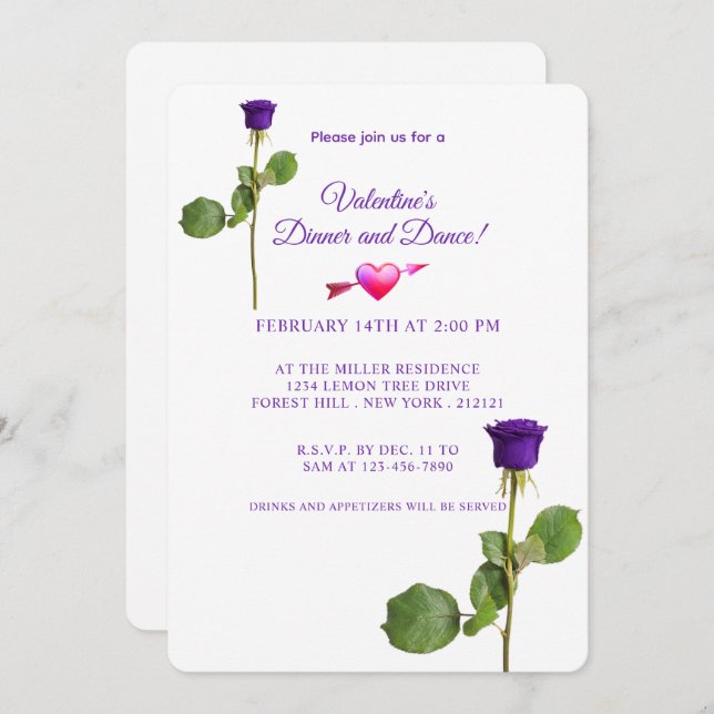 Minimalist Valentine's Day Purple Rose Invitation (Front/Back)