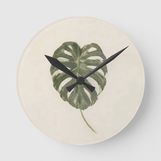 Minimalist Variegated Monstera Leaf Modern Plants  Round Clock (Front)