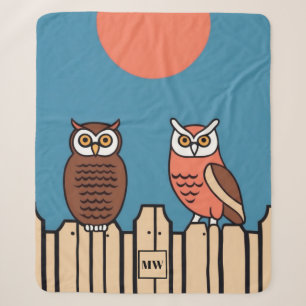 Minimalist vector owl themed monogram sherpa blanket