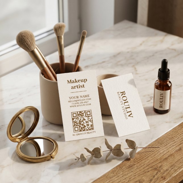 Minimalist Vertical QR Code | Earth Tone Brown  Business Card (Minimalist Linen Earth Tone Brown Makeup Artist QR Code Vertical Layout Busness Card
)
