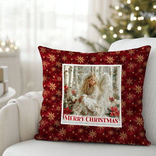Minimalist Victorian Angel Red Gold Holiday Xmas Cushion