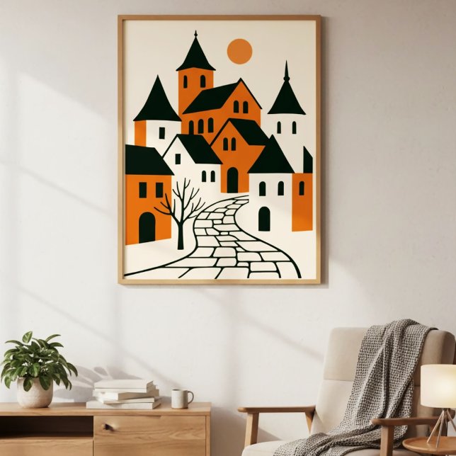 Minimalist village with cobblestone street and sun poster (Creator Uploaded)