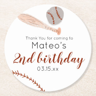 Minimalist Vintage Baseball Birthday Party Round Paper Coaster
