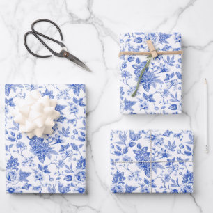 Minimalist vintage Blue White Flower chinoiserie Wrapping Paper Sheet