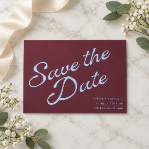 Minimalist Vintage Elegant Script Burgundy Blue Save The Date