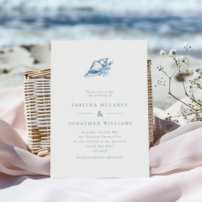 Minimalist Vintage Floral Seashell Coastal Wedding Invitation (Creator Uploaded)