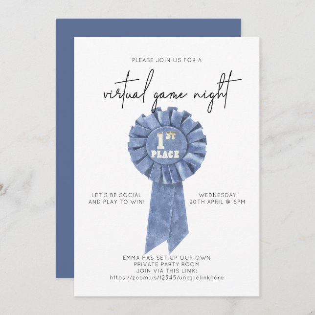 Minimalist Virtual Game Night Blue Ribbon Invitation (Front/Back)