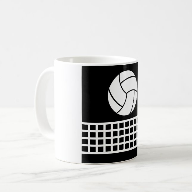 Minimalist Volleyball and Net Black and White Coffee Mug (Front Left)