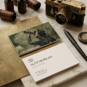 Minimalist Warm Sand Camera Logo Photographer Business Card