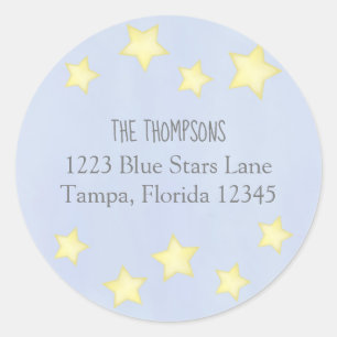 Minimalist Watercolor Blue Stars Return Address Classic Round Sticker