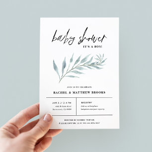 Minimalist Watercolor Botanical Boy Baby Shower Invitation