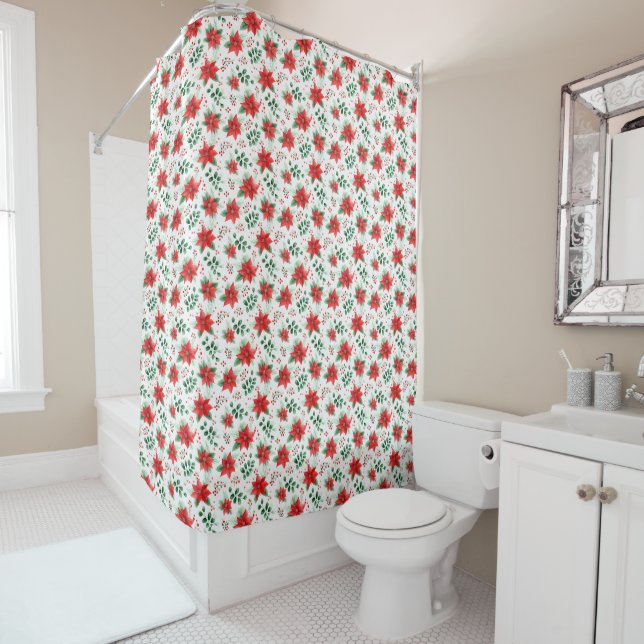 Minimalist Watercolor Botanical Poinsettia  Shower Curtain (In Situ)