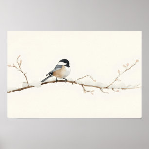 Minimalist Watercolor Chickadee Bird on Snowy Poster