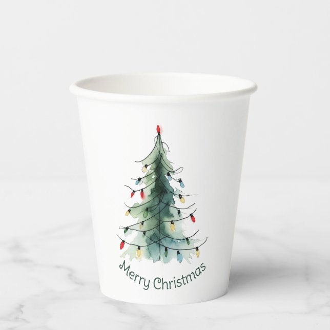 Minimalist Watercolor Christmas Tree Paper Cups (Front)