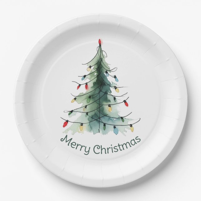 Minimalist Watercolor Christmas Tree Paper Plate (Front)