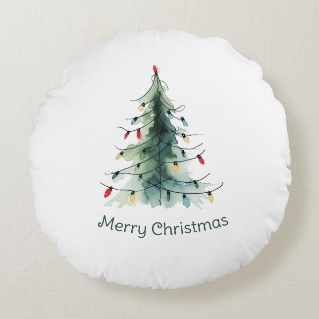 Minimalist Watercolor Christmas Tree Round Cushion (Front)