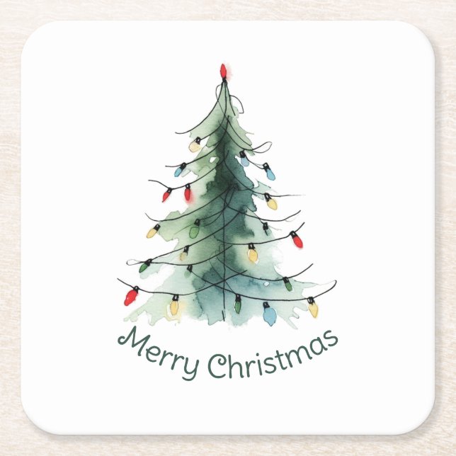 Minimalist Watercolor Christmas Tree Square Paper Coaster (Front)