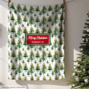 Minimalist watercolor Christmas trees custom name Fleece Blanket