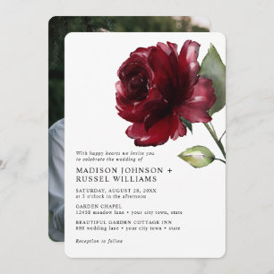 Minimalist Watercolor Deep Red Rose Photo Wedding  Invitation