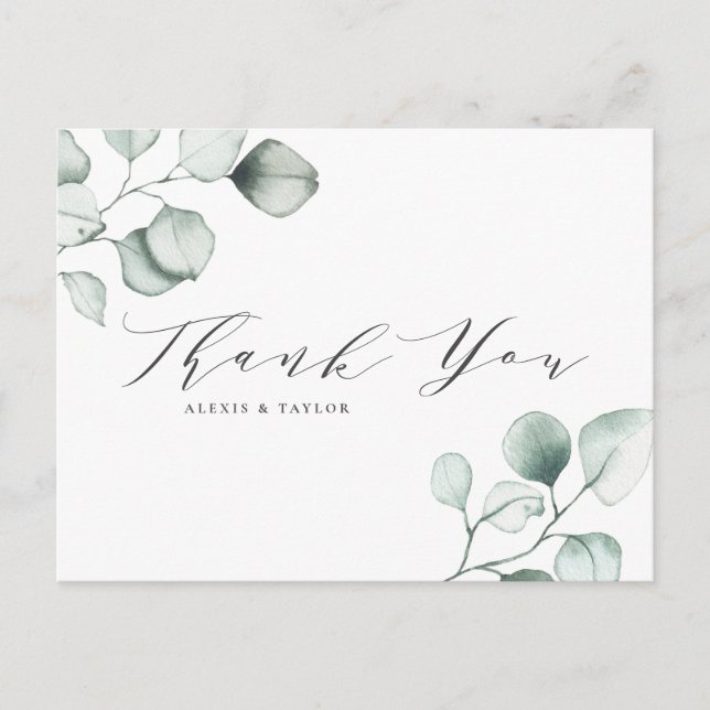 Minimalist Watercolor Eucalyptus Leaves Thank You Postcard (Front)
