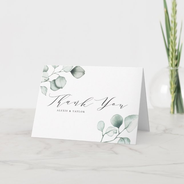 Minimalist Watercolor Eucalyptus Leaves Wedding Thank You Card (Front)