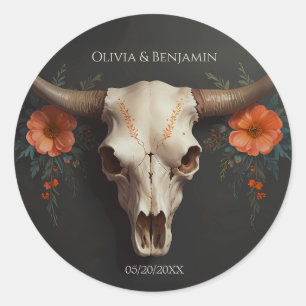 Minimalist Watercolor Floral Cow Skull Wedding Classic Round Sticker