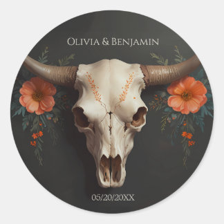 Minimalist Watercolor Floral Cow Skull Wedding Classic Round Sticker
