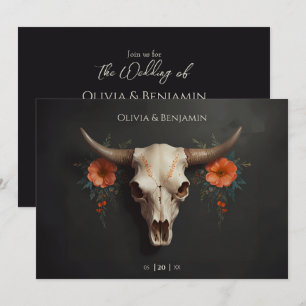 Minimalist Watercolor Floral Cow Skull Wedding Invitation