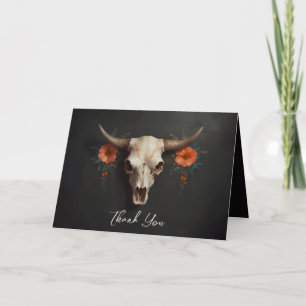 Minimalist Watercolor Floral Cow Skull Wedding Thank You Card