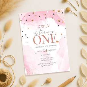 Minimalist Watercolor Glitter 1st Birthday  Invitation