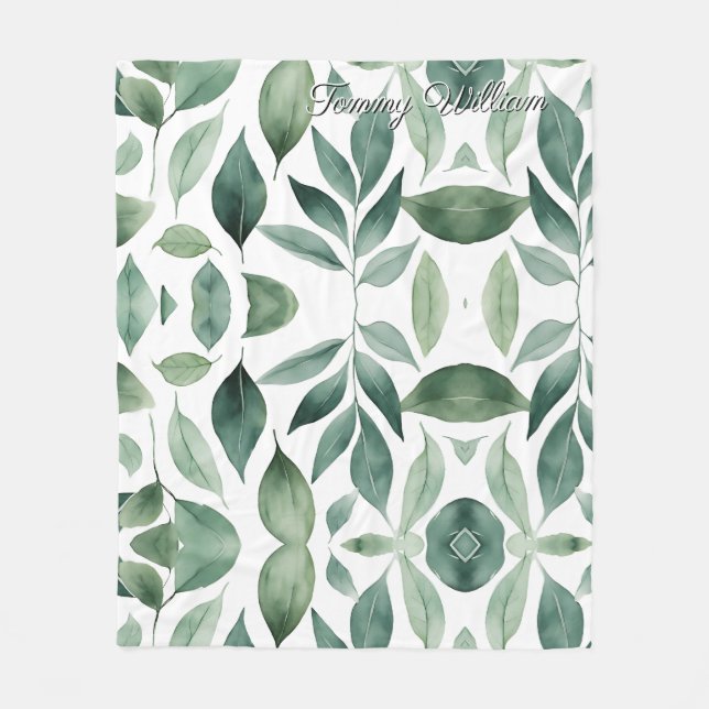 Minimalist Watercolor Green Leaves Fleece Blanket (Front)