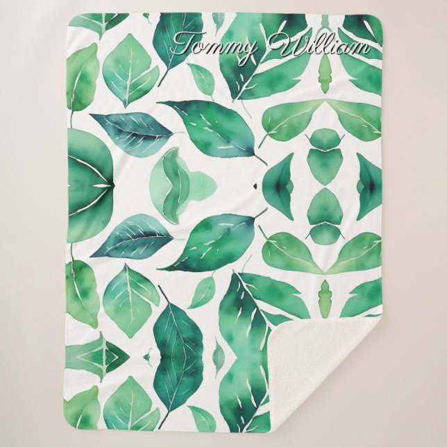 Minimalist Watercolor Green Leaves Sherpa Blanket (Front)