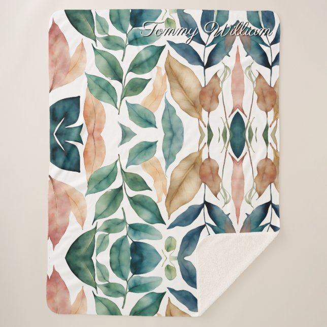 Minimalist Watercolor Green Leaves Sherpa Blanket (Front)