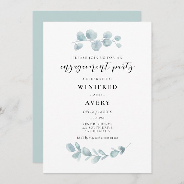 Minimalist watercolor greenery Engagement party Invitation (Front/Back)