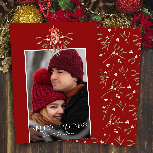 Minimalist Watercolor Mistletoe Christmas Photo Holiday Card (Creator Uploaded)