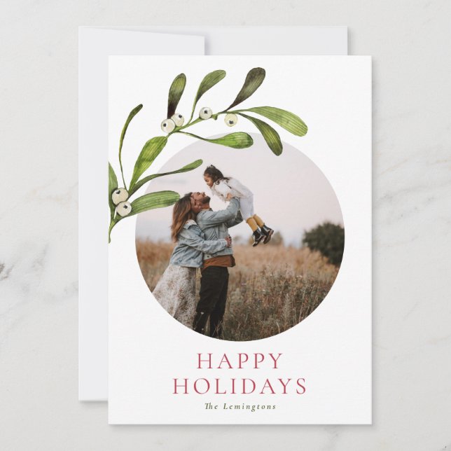 Minimalist Watercolor Mistletoe Photo Holiday Card (Front)