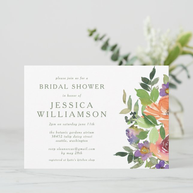 Minimalist Watercolor Orange Floral Bridal Shower Invitation (Standing Front)