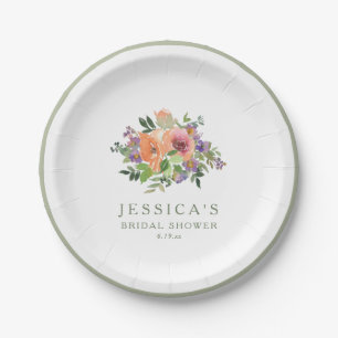 Minimalist Watercolor Orange Floral Bridal Shower Paper Plate