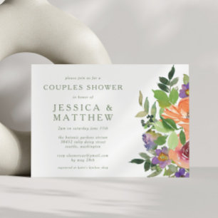 Minimalist Watercolor Orange Floral Couples Shower Invitation